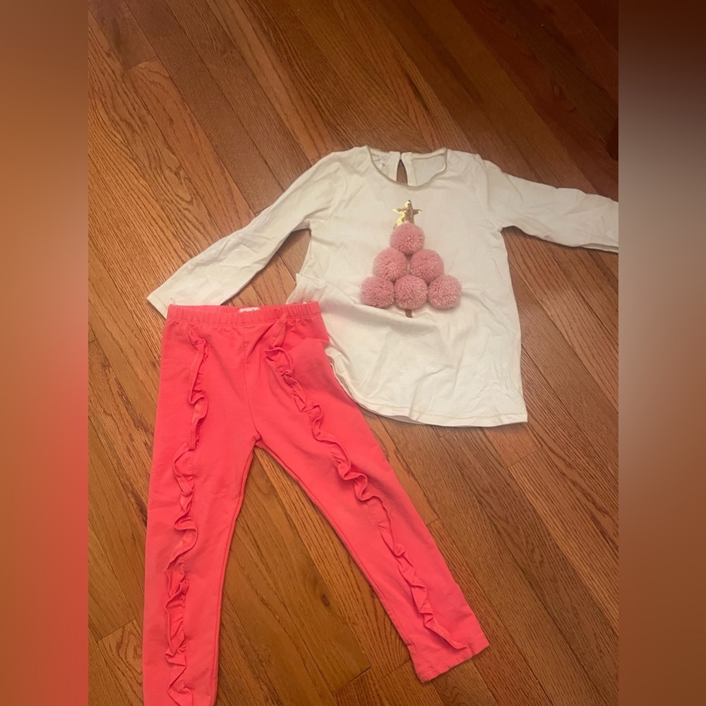 MUD PIE CHRISTMAS TREE POM POM TREE TUNIC AND PINK RUFFLE PANTS 4T